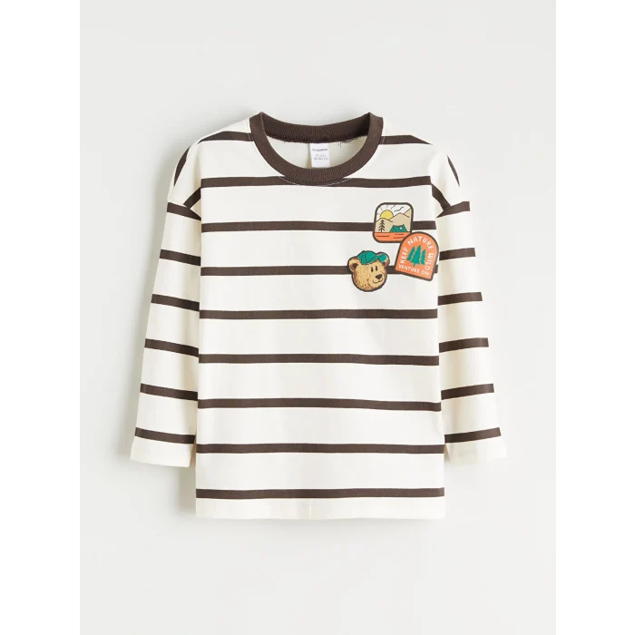 LCW Kids Bej Bisiklet Yaka Baskılı Uzun Kollu Erkek Çocuk Tişört