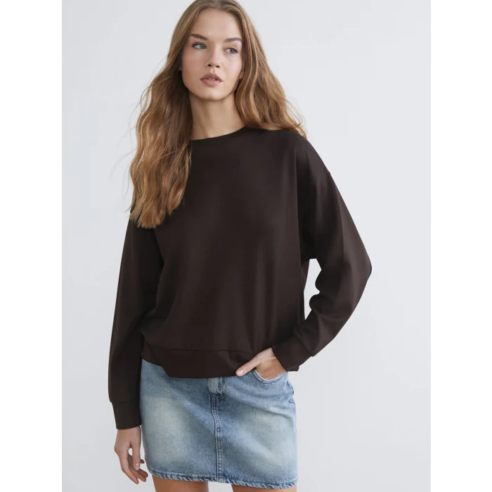 XSIDE Kahverengi Bisiklet Yaka Oversize Kadın Sweatshirt