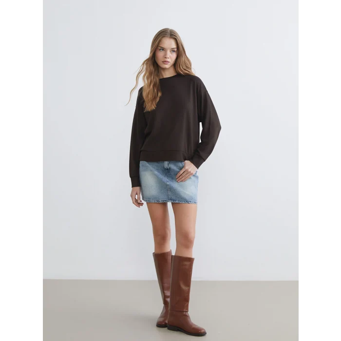 XSIDE Kahverengi Bisiklet Yaka Oversize Kadın Sweatshirt