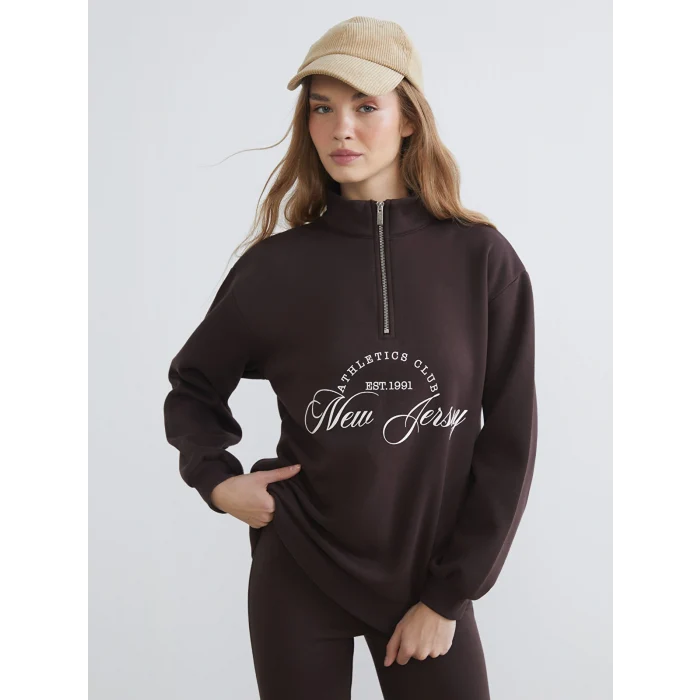 XSIDE Kahverengi New Jersey Baskılı Oversize Kadın Kalın Sweatshirt