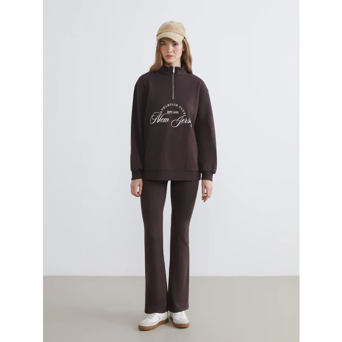 XSIDE Kahverengi New Jersey Baskılı Oversize Kadın Kalın Sweatshirt
