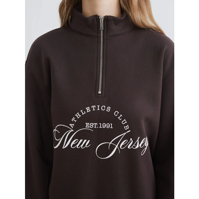 XSIDE Kahverengi New Jersey Baskılı Oversize Kadın Kalın Sweatshirt