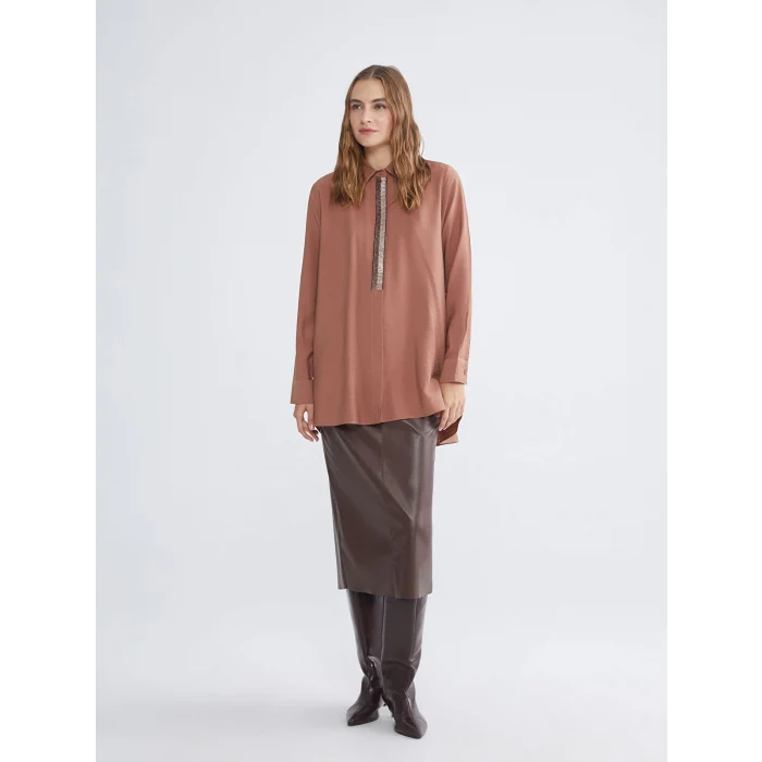 LCWAIKIKI Classic Kahverengi Dokulu Kadın Gömlek Tunik