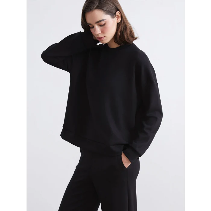 LCW Vision Siyah Bisiklet Yaka Oversize Kadın Sweatshirt