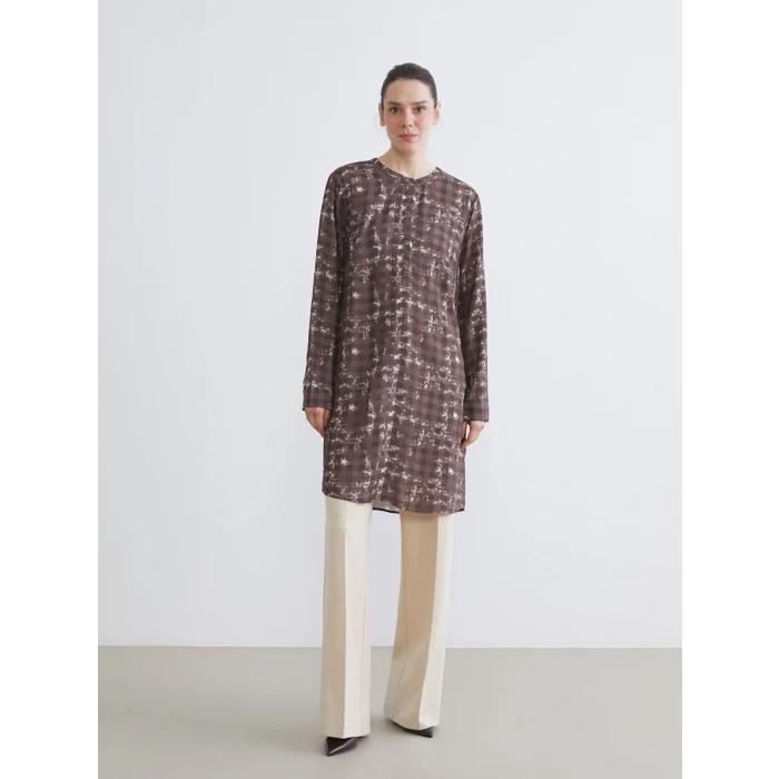 LCW Grace Kahverengi Bisiklet Yaka Etnik Desenli Kadın Tunik