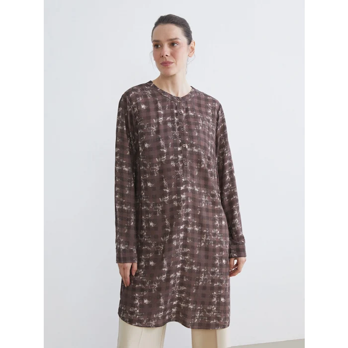 LCW Grace Kahverengi Bisiklet Yaka Etnik Desenli Kadın Tunik