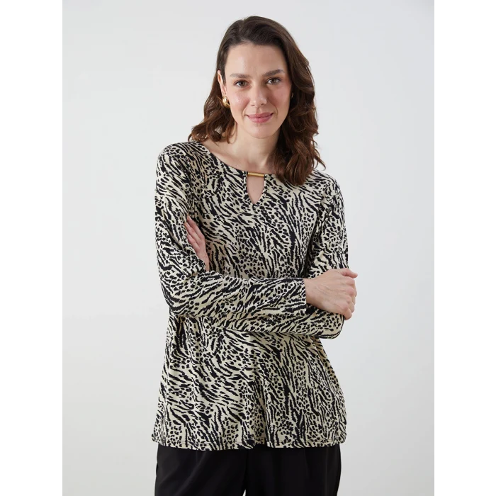 LCW Grace Ekru Bisiklet Yaka Desenli Bluz