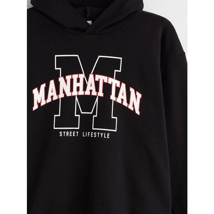 LCW Kids Siyah Kapüşonlu Baskılı Erkek Çocuk Sweatshirt