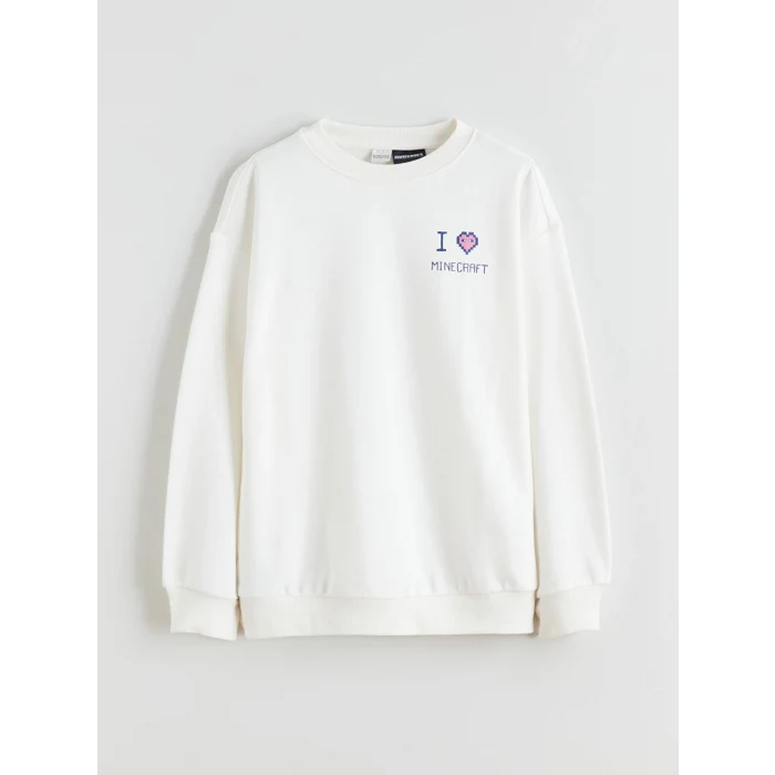 LCW Kids Beyaz Bisiklet Yaka Minecraft Baskılı Kız Çocuk Sweatshirt