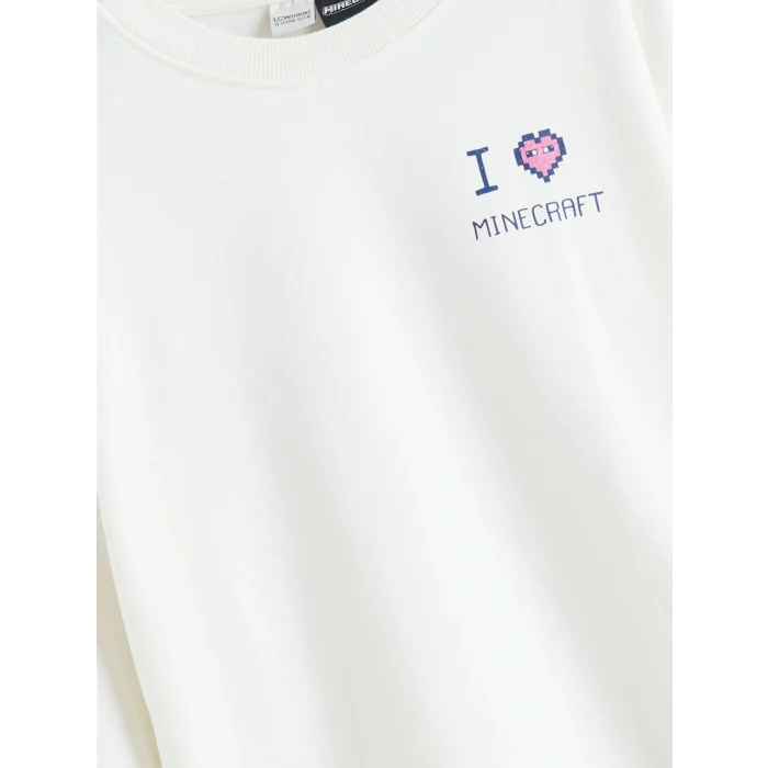 LCW Kids Beyaz Bisiklet Yaka Minecraft Baskılı Kız Çocuk Sweatshirt
