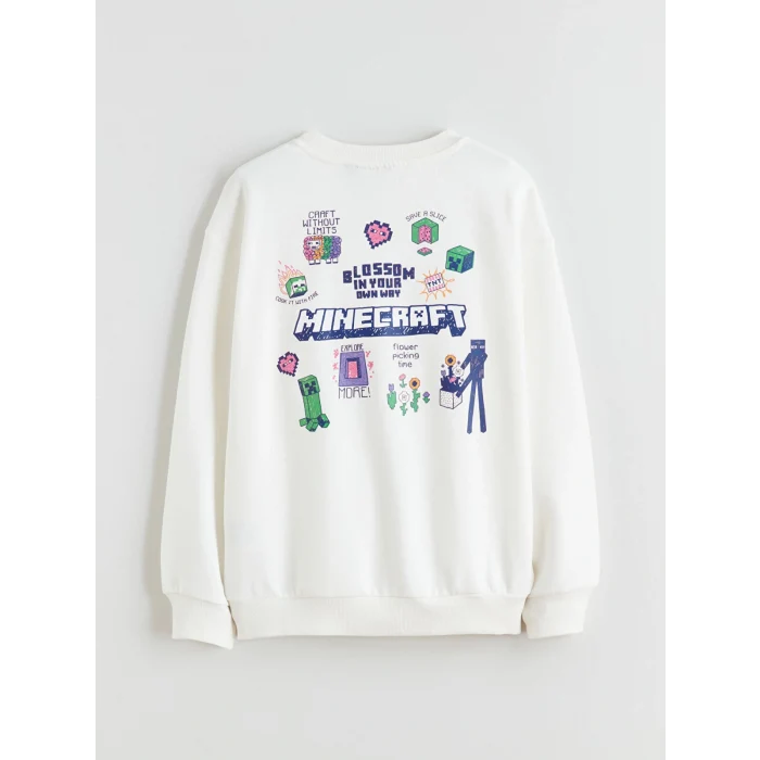 LCW Kids Beyaz Bisiklet Yaka Minecraft Baskılı Kız Çocuk Sweatshirt