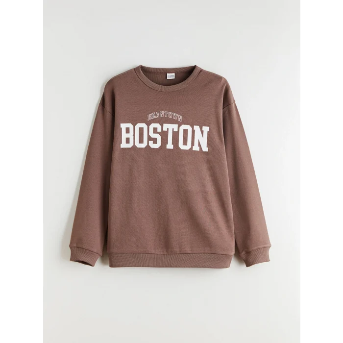 LCW Kids Kahverengi Bisiklet Yaka Boston Baskılı Erkek Çocuk Tişört