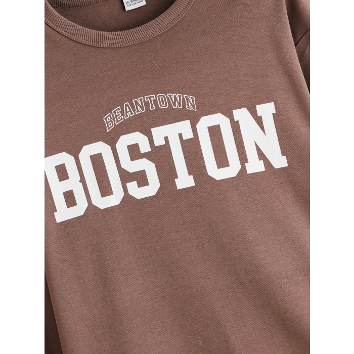 LCW Kids Kahverengi Bisiklet Yaka Boston Baskılı Erkek Çocuk Tişört