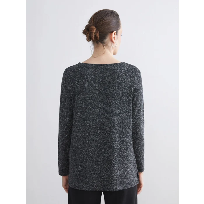 LCW Grace Siyah Bisiklet Yaka Parlak Görünümlü Bluz