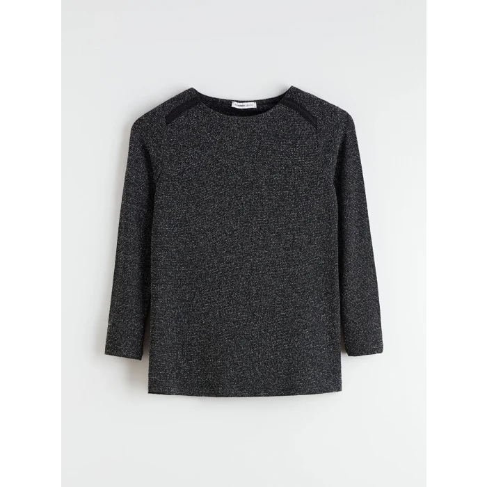 LCW Grace Siyah Bisiklet Yaka Parlak Görünümlü Bluz