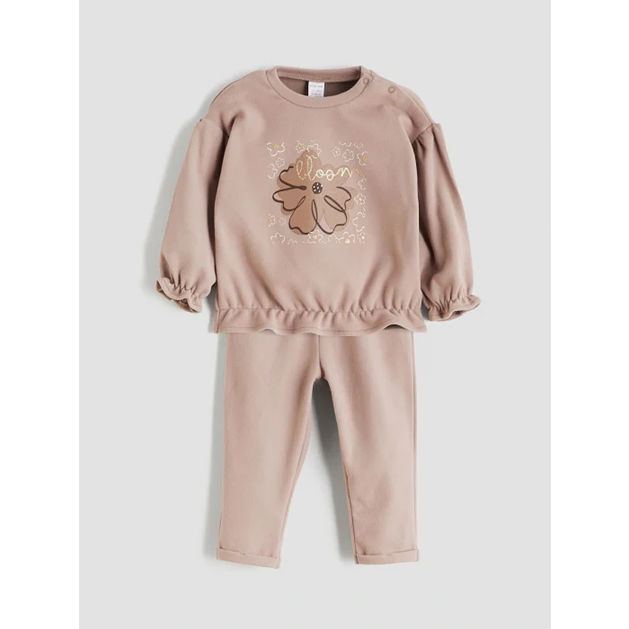 LCW baby Kahverengi Çiçek Baskılı Fırfırlı Kız Bebek Sweatshirt ve Eşofman Altı