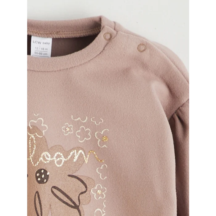 LCW baby Kahverengi Çiçek Baskılı Fırfırlı Kız Bebek Sweatshirt ve Eşofman Altı