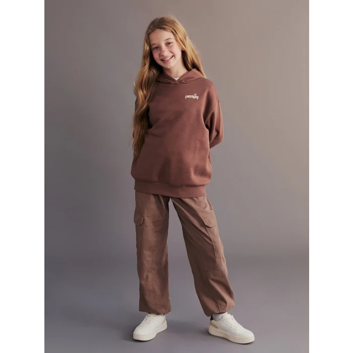 LCW Kids Kahverengi Kapüşonlu Sırt Baskılı Kız Çocuk Sweatshirt