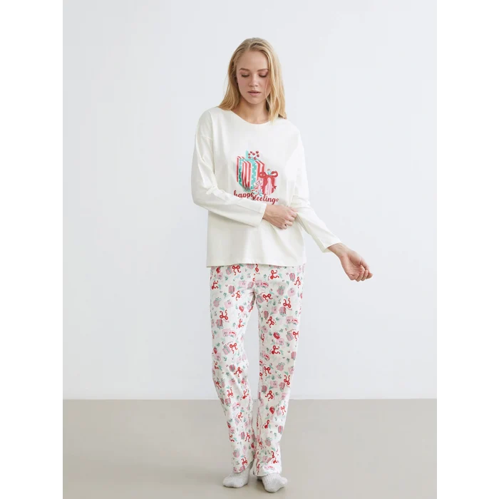 LCW DREAM Ekru Bisiklet Yaka Baskılı Kadın Pijama Takımı
