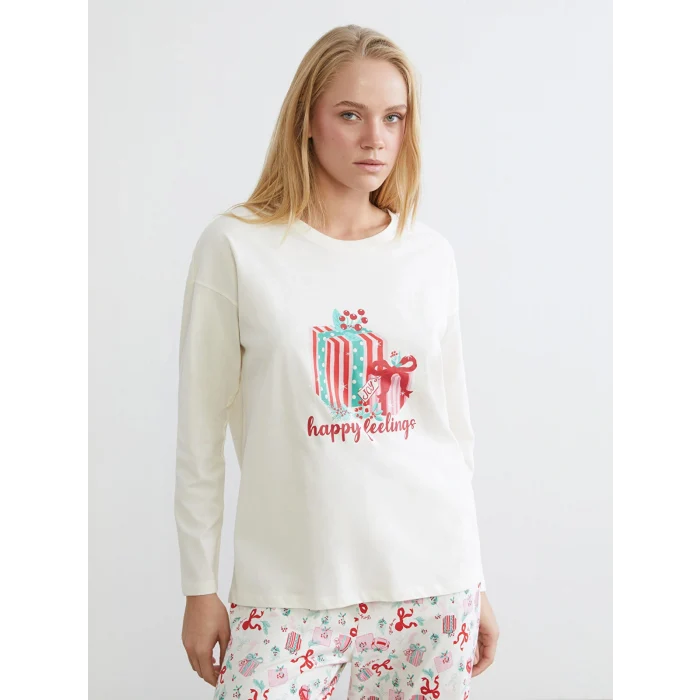 LCW DREAM Ekru Bisiklet Yaka Baskılı Kadın Pijama Takımı