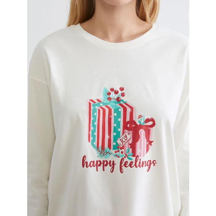 LCW DREAM Ekru Bisiklet Yaka Baskılı Kadın Pijama Takımı