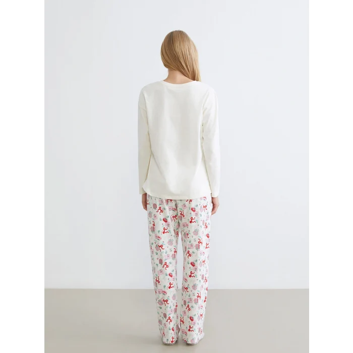 LCW DREAM Ekru Bisiklet Yaka Baskılı Kadın Pijama Takımı