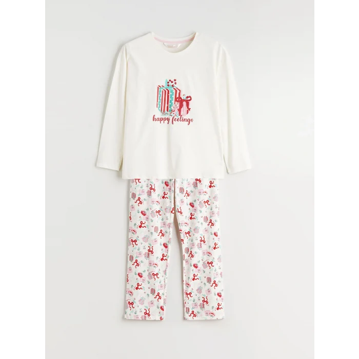 LCW DREAM Ekru Bisiklet Yaka Baskılı Kadın Pijama Takımı