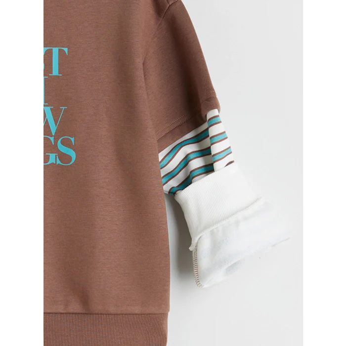 LCW Kids Kahverengi Bisiklet Yaka Kız Çocuk Sweatshirt