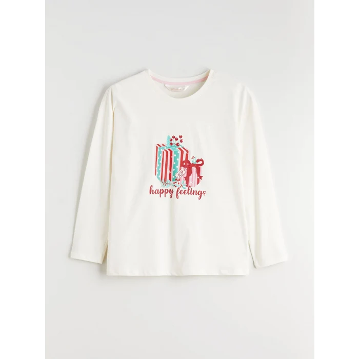 LCW DREAM Ekru Bisiklet Yaka Baskılı Kadın Pijama Takımı