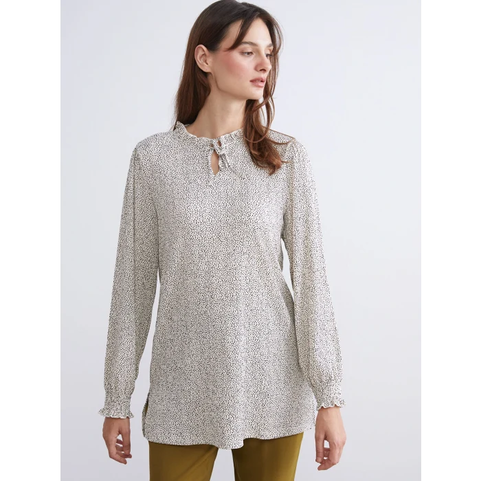 LCWAIKIKI Basic Bej Bağlamalı Yaka Puantiyeli Kadın Tunik