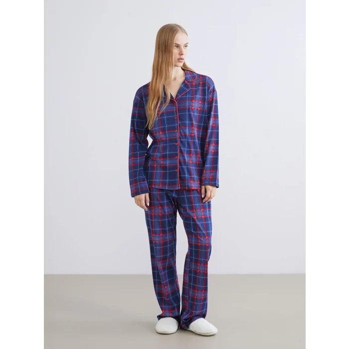 LCW Young Lacivert Gömlek Yaka Ekose Kadın Pijama Takımı