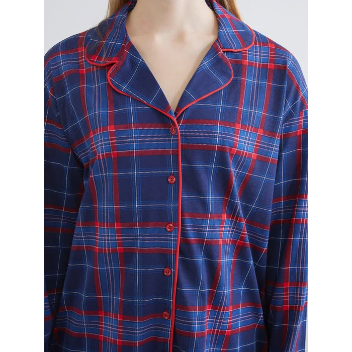 LCW Young Lacivert Gömlek Yaka Ekose Kadın Pijama Takımı