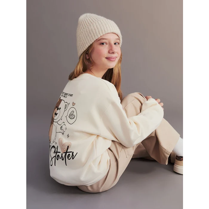 LCW Kids Ekru Sırt Baskılı Kız Çocuk Sweatshirt