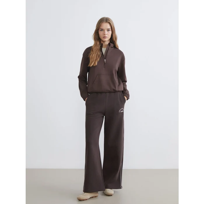 XSIDE Kahverengi Beli Lastikli Baskılı Kadın Kalın Eşofman Altı