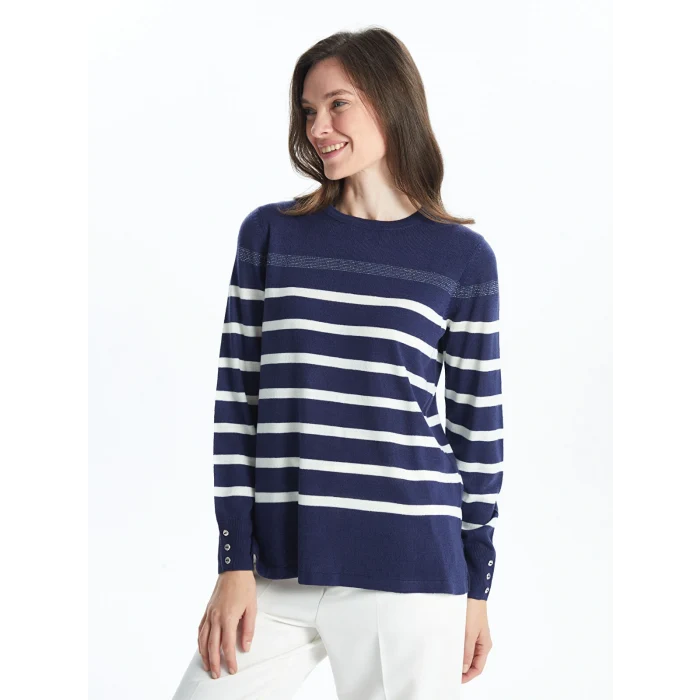 LCW Grace İndigo Bisiklet Yaka Çizgili Kadın Triko Kazak