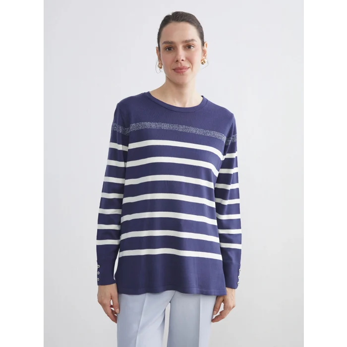LCW Grace İndigo Bisiklet Yaka Çizgili Kadın Triko Kazak
