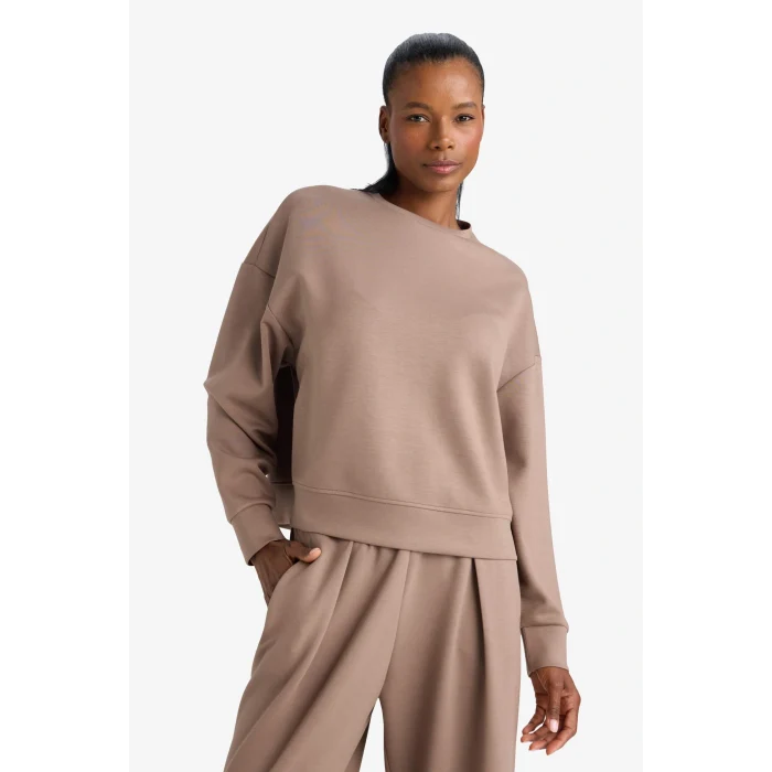 Defacto E8954AXBN576 Kahve DeFactoFit Oversize Geniş Kalıp Bisiklet Yaka Modal Sporcu Sweatshirt