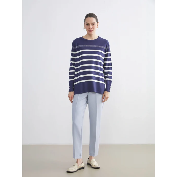 LCW Grace İndigo Bisiklet Yaka Çizgili Kadın Triko Kazak