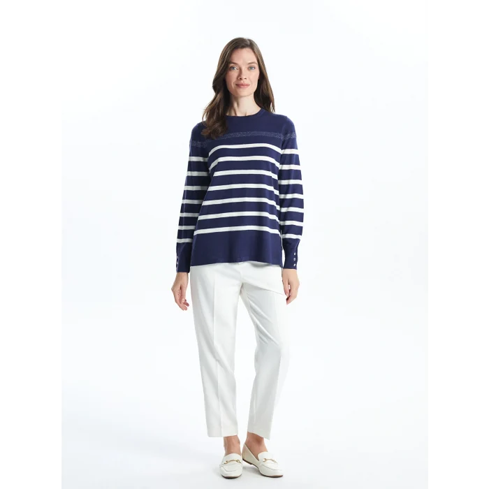 LCW Grace İndigo Bisiklet Yaka Çizgili Kadın Triko Kazak