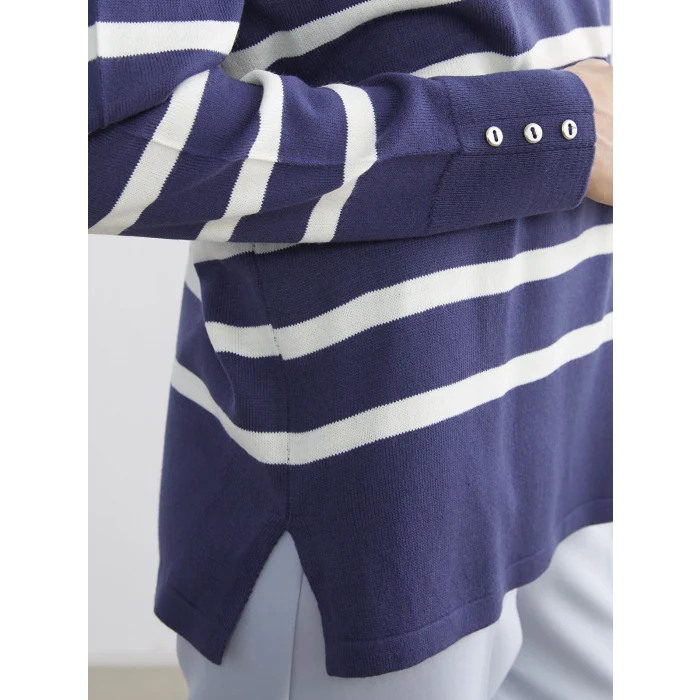 LCW Grace İndigo Bisiklet Yaka Çizgili Kadın Triko Kazak