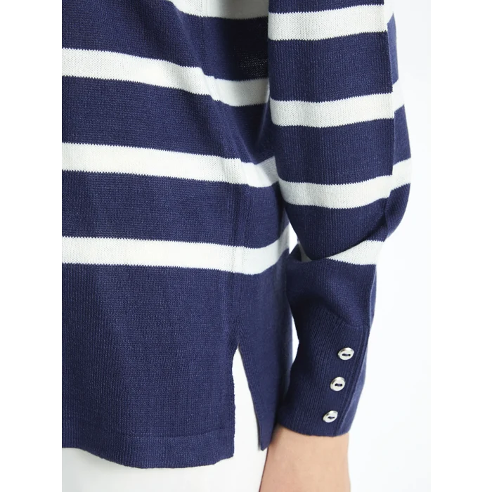 LCW Grace İndigo Bisiklet Yaka Çizgili Kadın Triko Kazak