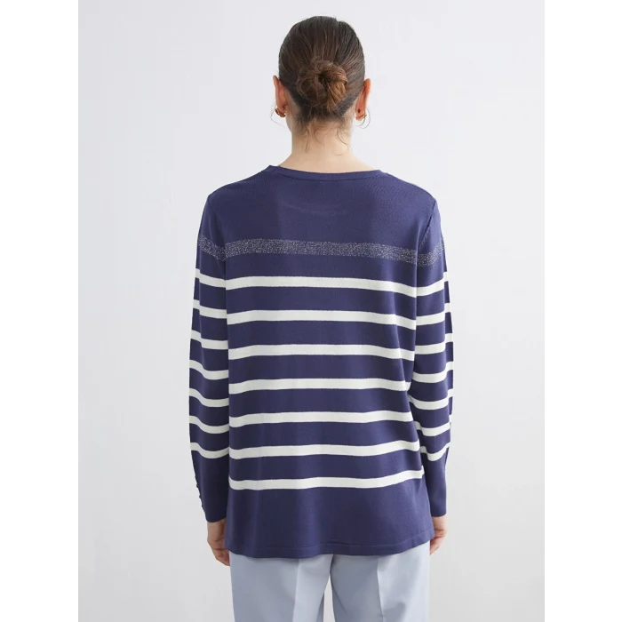 LCW Grace İndigo Bisiklet Yaka Çizgili Kadın Triko Kazak