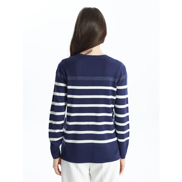 LCW Grace İndigo Bisiklet Yaka Çizgili Kadın Triko Kazak