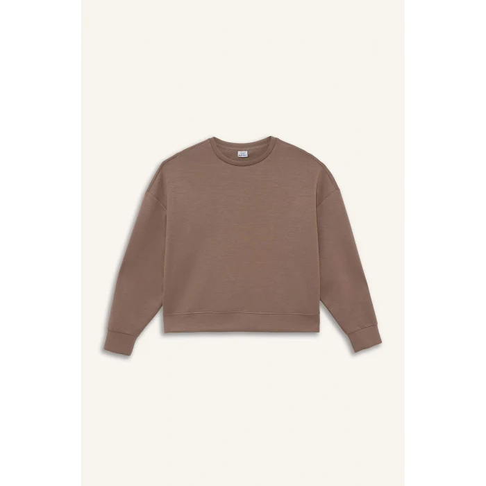 Defacto E8954AXBN576 Kahve DeFactoFit Oversize Geniş Kalıp Bisiklet Yaka Modal Sporcu Sweatshirt