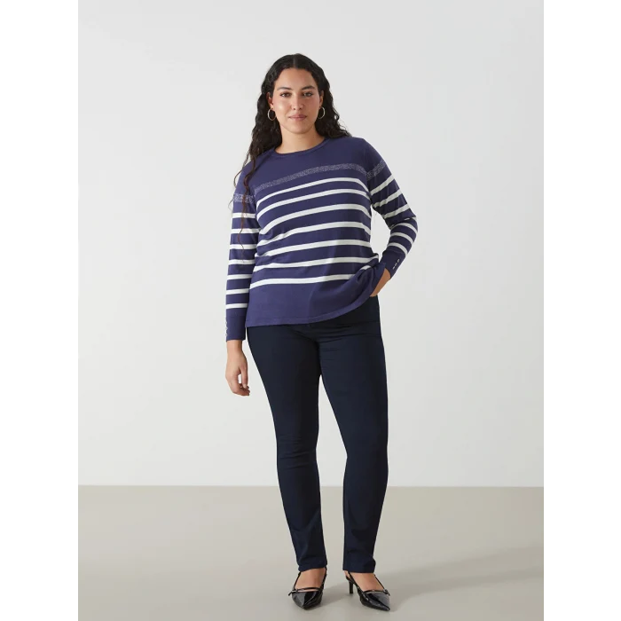 LCW Grace İndigo Bisiklet Yaka Çizgili Kadın Triko Kazak