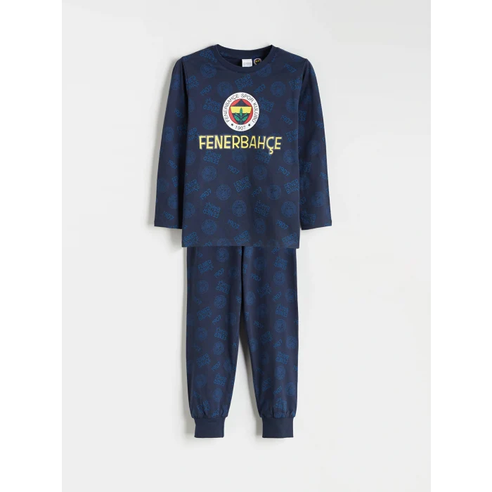 LCW Kids Lacivert Bisiklet Yaka Baskılı Erkek Çocuk Pijama Takımı