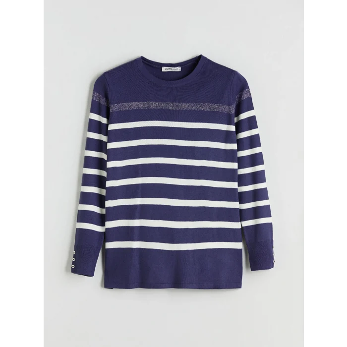 LCW Grace İndigo Bisiklet Yaka Çizgili Kadın Triko Kazak