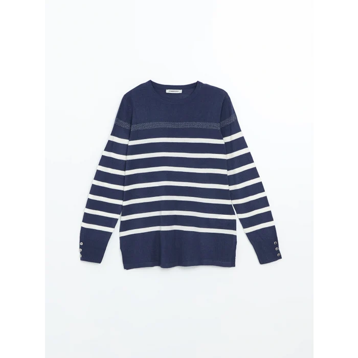 LCW Grace İndigo Bisiklet Yaka Çizgili Kadın Triko Kazak