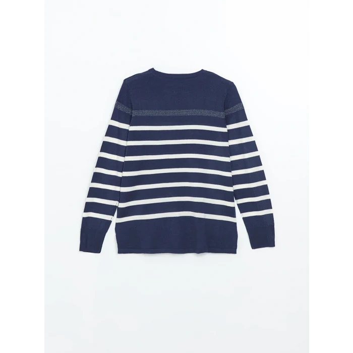 LCW Grace İndigo Bisiklet Yaka Çizgili Kadın Triko Kazak