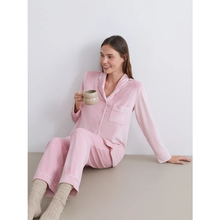 LCW DREAM Pembe Gömlek Yaka Kadife Kadın Pijama Takımı